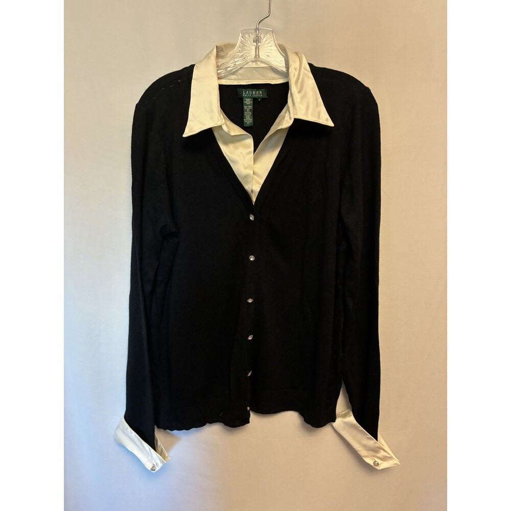 Lauren Ralph Lauren Cashmere Silk Black Ivory Faux Cardigan size 1X Sweater